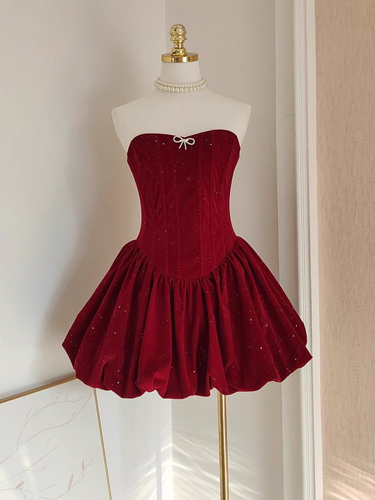 Sexy A Line Strapless Burgundy Velvet Ruffles Vacation Dresses Short Birthday Outfits SD336