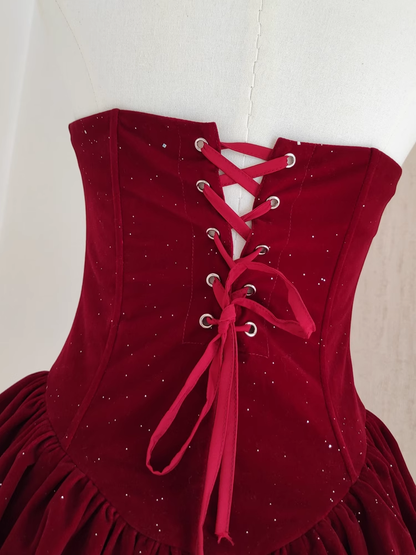 Sexy A Line Strapless Burgundy Velvet Ruffles Vacation Dresses Short Birthday Outfits SD336