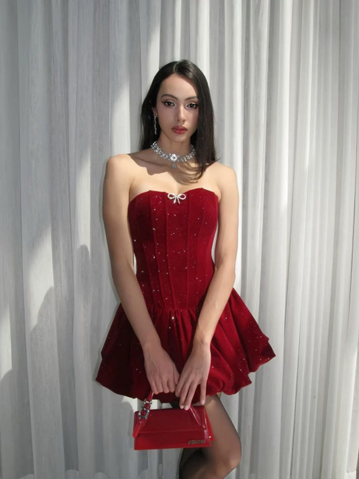 Sexy A Line Strapless Burgundy Velvet Ruffles Vacation Dresses Short Birthday Outfits SD336