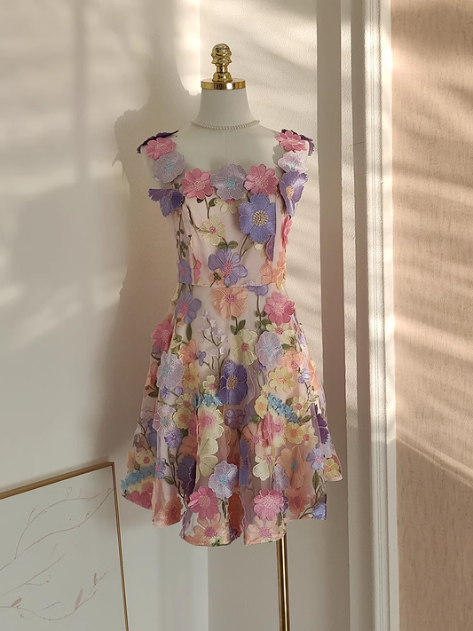 Cute A line Straps Sleeveless Floral Party Dress Short Holiday Dresses SD340