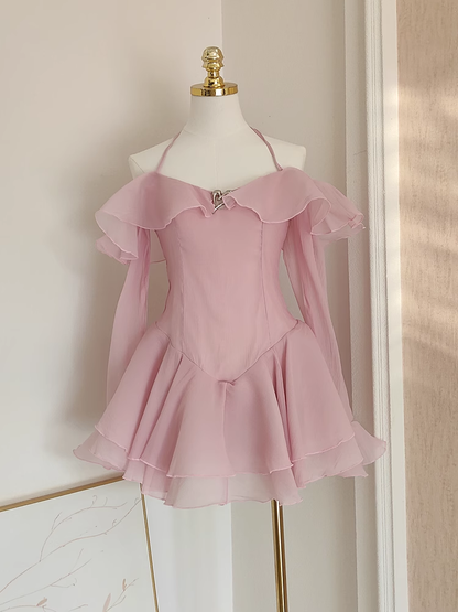 Sexy A Line Halter Ruffles Pink Vacation Dresses Short Chiffon Birthday Outfits SD342