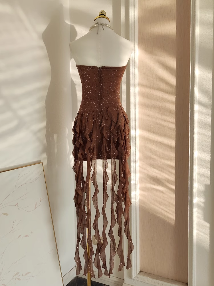 Sexy Sheath Strapless Ruffles Tulle Brown Vacation Dresses Short Birthday Outfits SD345