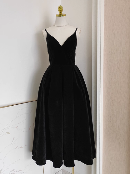 Simple A line Sleeveless Black Velvet Party Dress Holiday Birthday Dresses For Women SD351