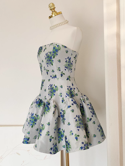 Cute A line Strapless Sleeveless Blue Floral Party Dress Short Birthday Dresses SD353