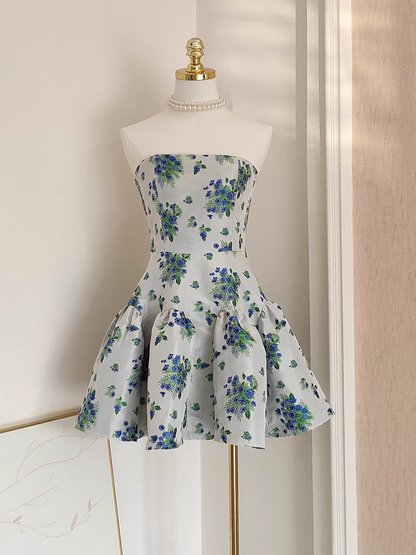 Cute A line Strapless Sleeveless Blue Floral Party Dress Short Birthday Dresses SD353