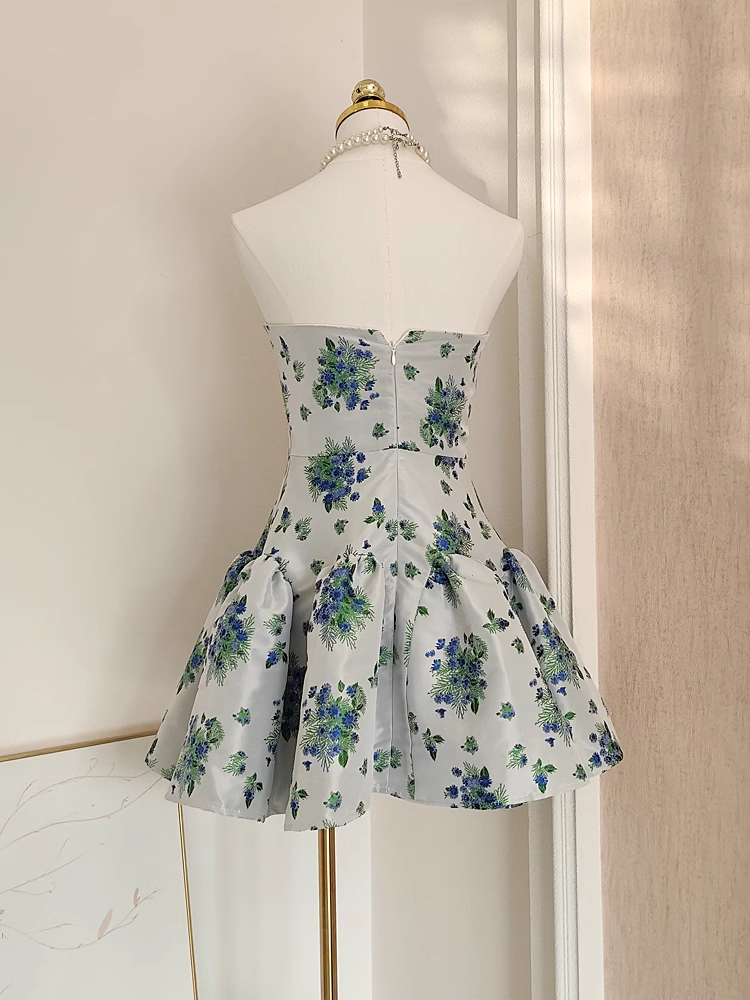 Cute A line Strapless Sleeveless Blue Floral Party Dress Short Birthday Dresses SD353