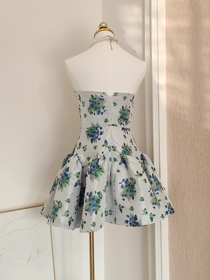 Cute A line Strapless Sleeveless Blue Floral Party Dress Short Birthday Dresses SD353