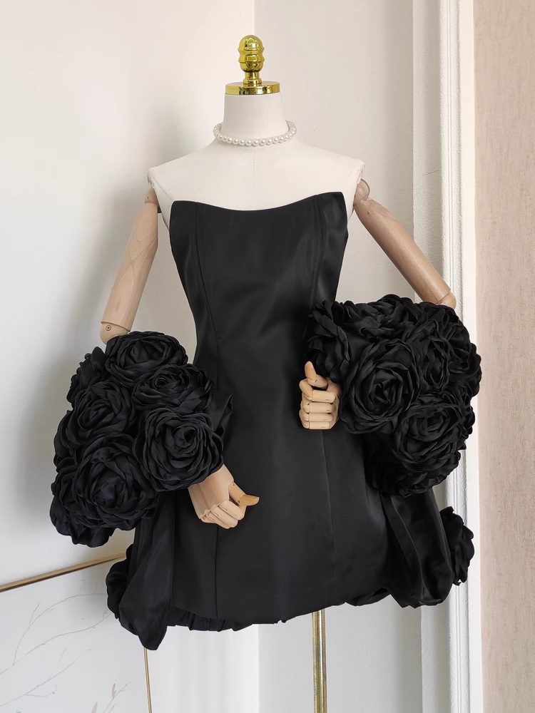 Cute A line Strapless Sleeveless Black Satin Party Dress Short Birthday Dresses With Cape SD355