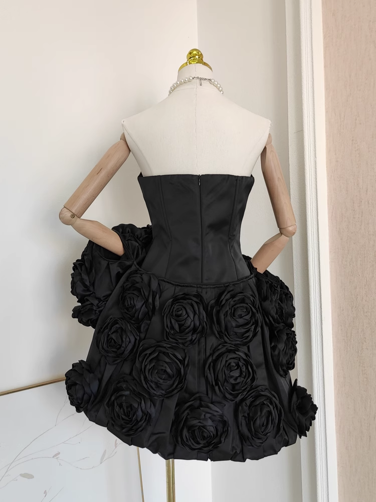 Cute A line Strapless Sleeveless Black Satin Party Dress Short Birthday Dresses With Cape SD355