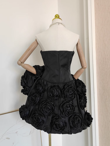 Cute A line Strapless Sleeveless Black Satin Party Dress Short Birthday Dresses With Cape SD355