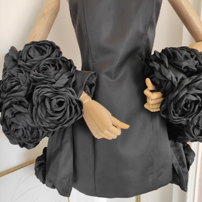 Cute A line Strapless Sleeveless Black Satin Party Dress Short Birthday Dresses With Cape SD355