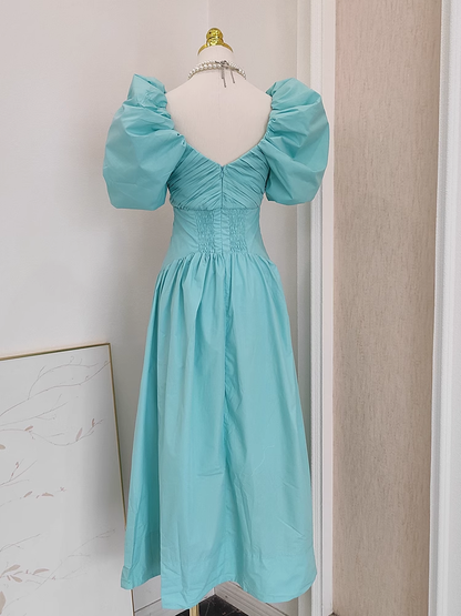 Simple A Line V Neckline Blue Satin Homecoming Dresses Birthday Outfits With Ruffles SD373