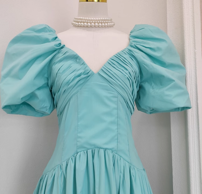 Simple A Line V Neckline Blue Satin Homecoming Dresses Birthday Outfits With Ruffles SD373