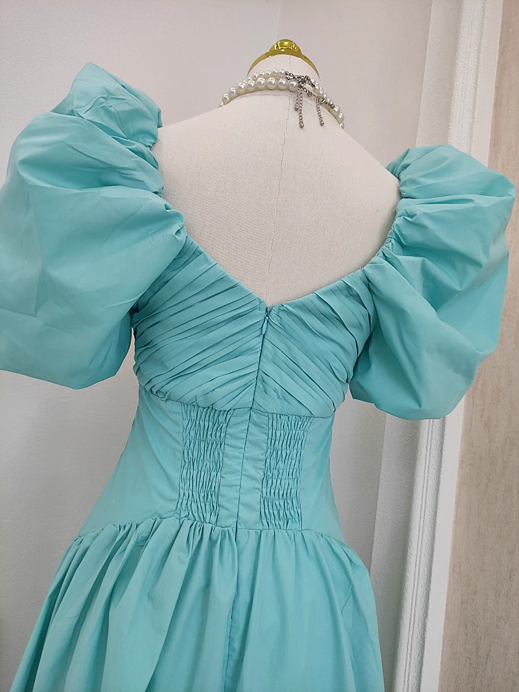 Simple A Line V Neckline Blue Satin Homecoming Dresses Birthday Outfits With Ruffles SD373