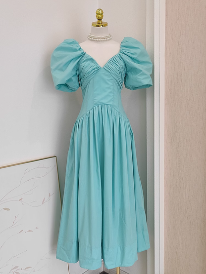 Simple A Line V Neckline Blue Satin Homecoming Dresses Birthday Outfits With Ruffles SD373