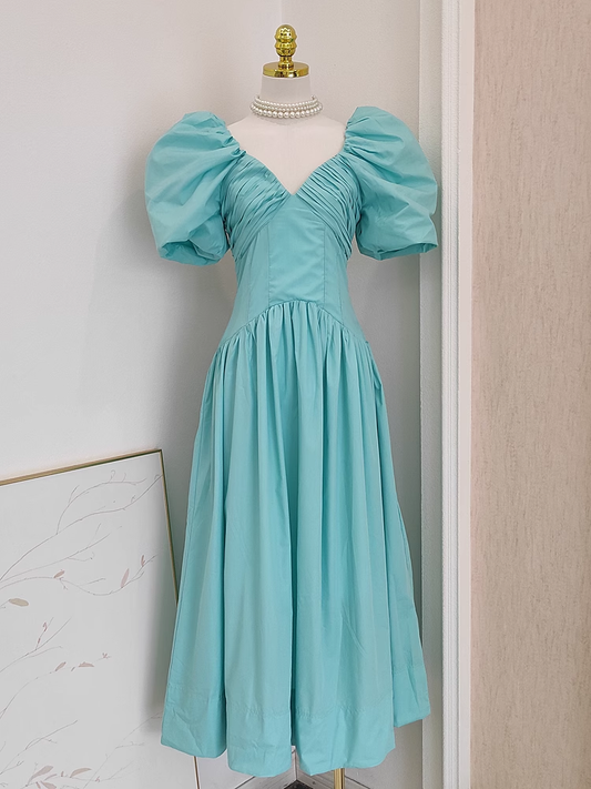 Simple A Line V Neckline Blue Satin Homecoming Dresses Birthday Outfits With Ruffles SD373