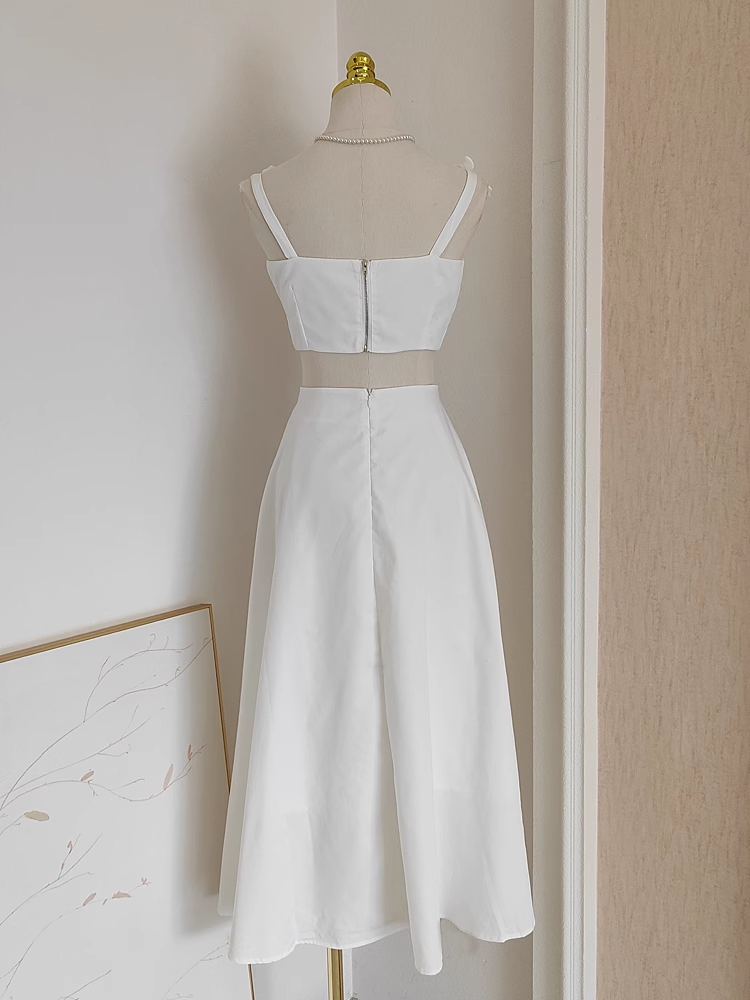 Sexy A line Straps White Satin Dinner Party Dresses Birthday Outfits SD384