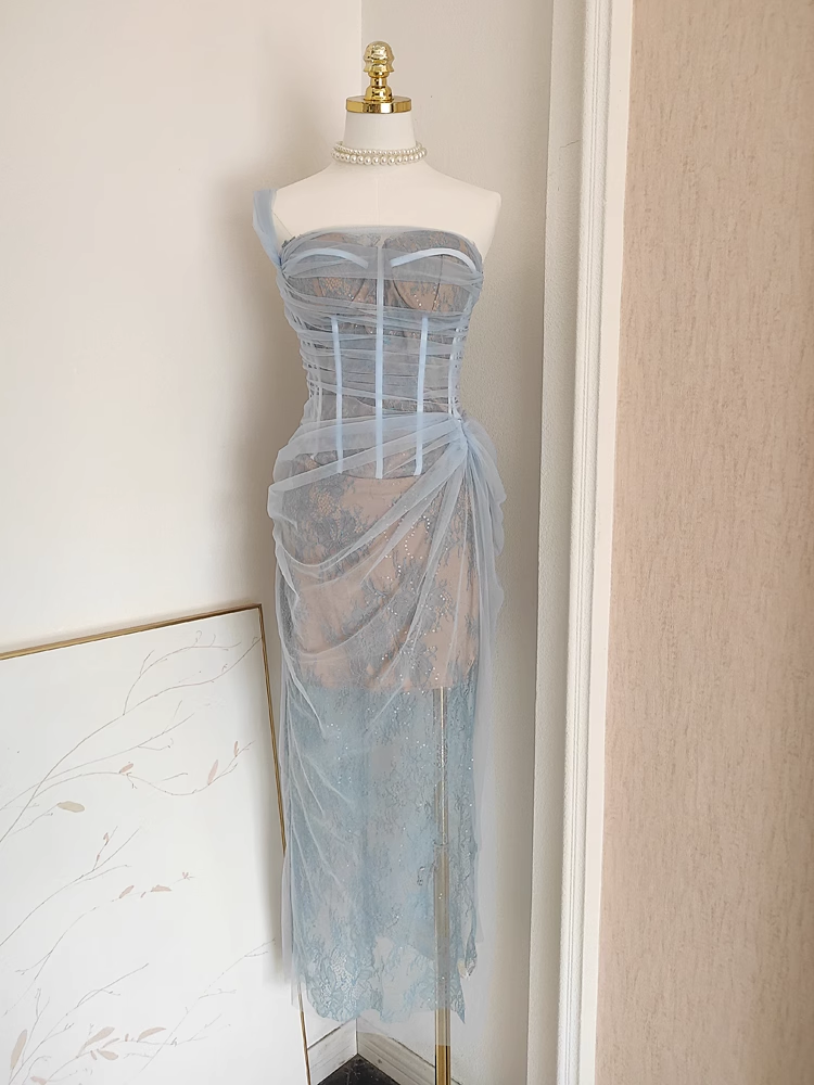 Sexy Sheath One Shoulder Light Sky Blue Tulle Lace Dinner Party Dresses Birthday Outfits SD386