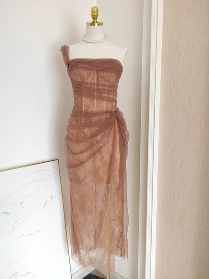 Sexy Sheath One Shoulder Brown Tulle Lace Dinner Party Dresses Birthday Outfits SD387