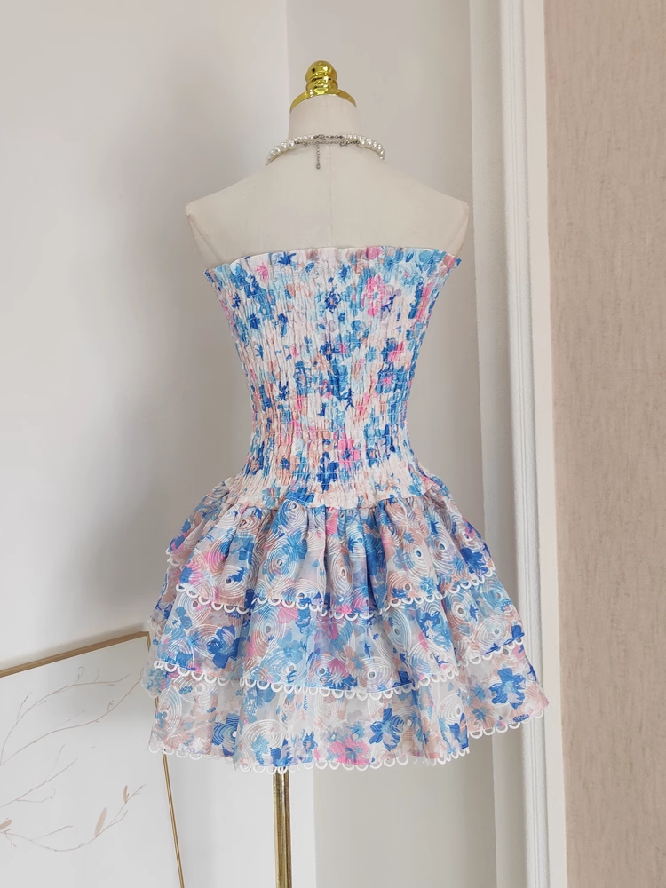 Cute A line Strapless Sleeveless Blue Floral Cocktail Dress Short Birthday Outfits SD389