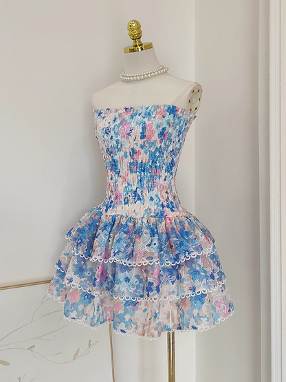 Cute A line Strapless Sleeveless Blue Floral Cocktail Dress Short Birthday Outfits SD389