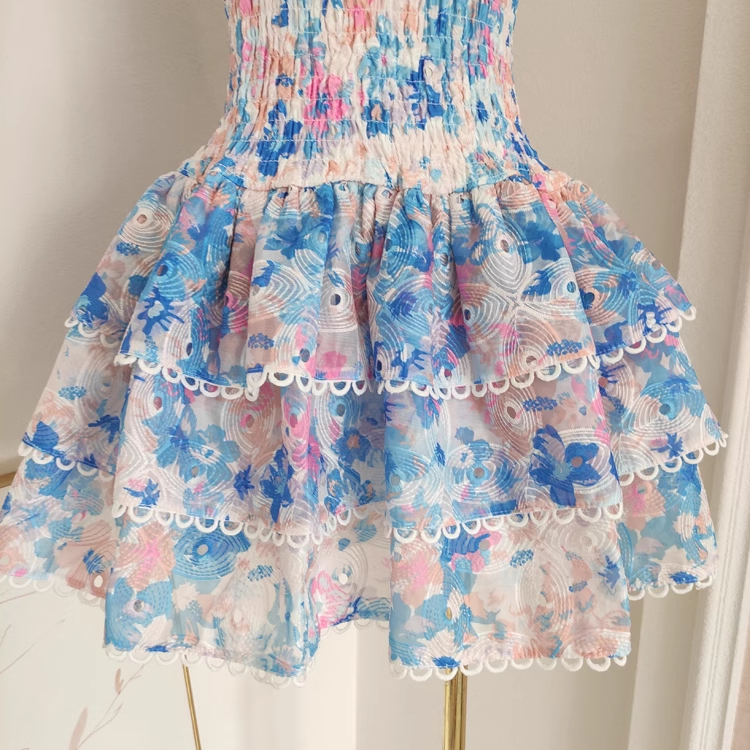 Cute A line Strapless Sleeveless Blue Floral Cocktail Dress Short Birthday Outfits SD389