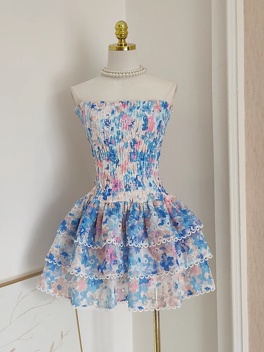 Cute A line Strapless Sleeveless Blue Floral Cocktail Dress Short Birthday Outfits SD389