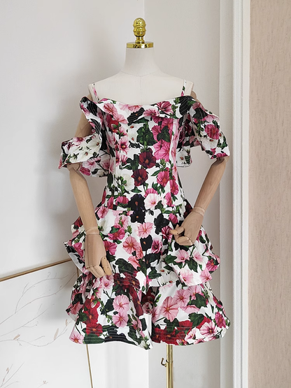 Cute A line Spaghetti Straps Sleeveless Floral Cocktail Dress Short Birthday Outfits SD395