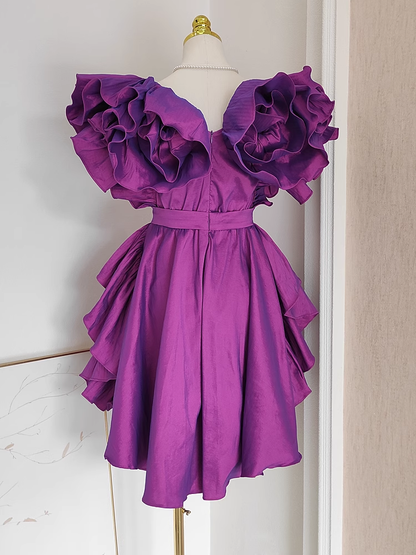 Cute A line Short Sleeves Grape Cocktail Dress Short Birthday Outfits SD397