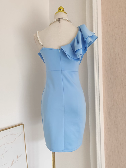 Cute Sheath One Shoulder One Shoulder Blue Cocktail Dress Short Birthday Outfits SD398