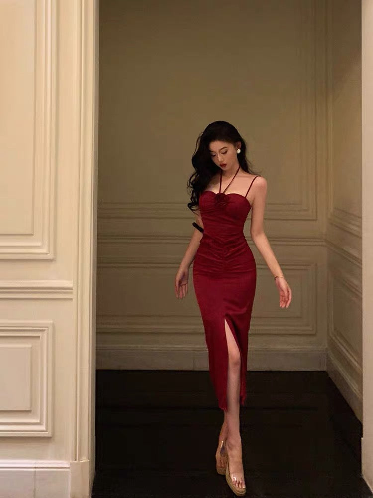 Sexy Sheath Halter Red Ankle Length Slit Prom Dresses Birthday Dress SD425