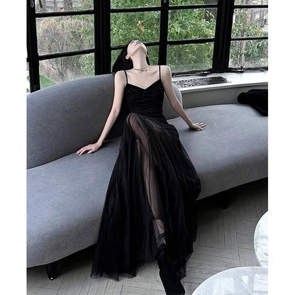 Sexy A Line Spaghetti Straps Black Floor Length Prom Dresses Birthday Dress SD429