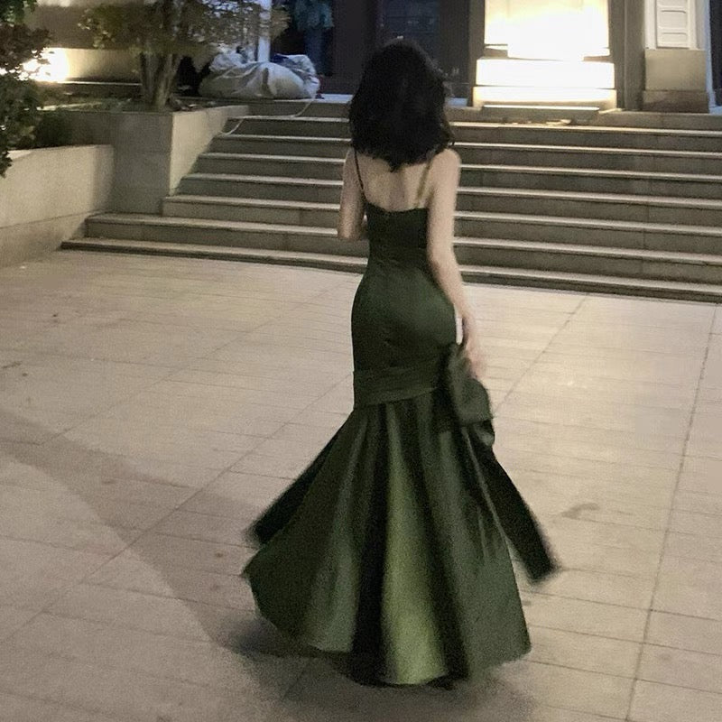 Simple Sheath Spaghetti Straps Floor Length Olive Green Satin Party Dresses Birthday Outfits SD432