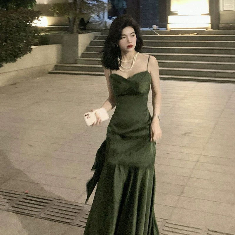 Simple Sheath Spaghetti Straps Floor Length Olive Green Satin Party Dresses Birthday Outfits SD432