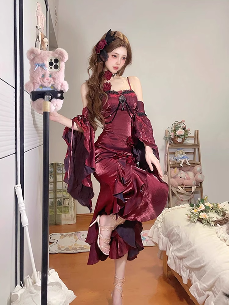 Vintage High Low Irregular Ruffled Spaghetti Straps Women's Burgundy Birthday Outfits Party Dresses With Sleeves SD439