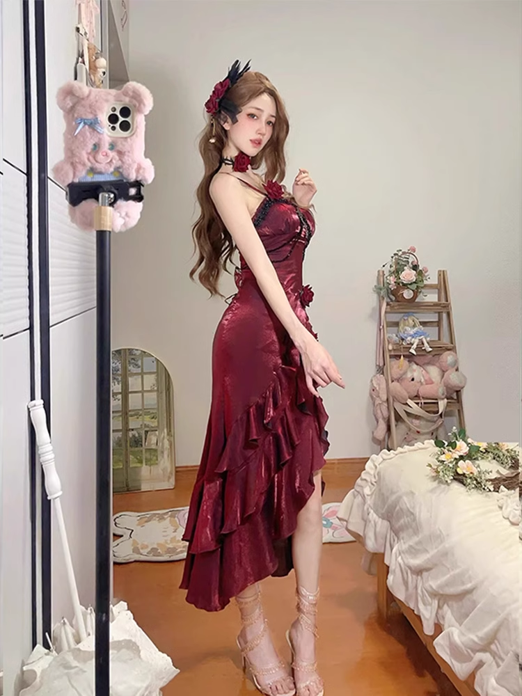 Vintage High Low Irregular Ruffled Spaghetti Straps Women's Burgundy Birthday Outfits Party Dresses With Sleeves SD439