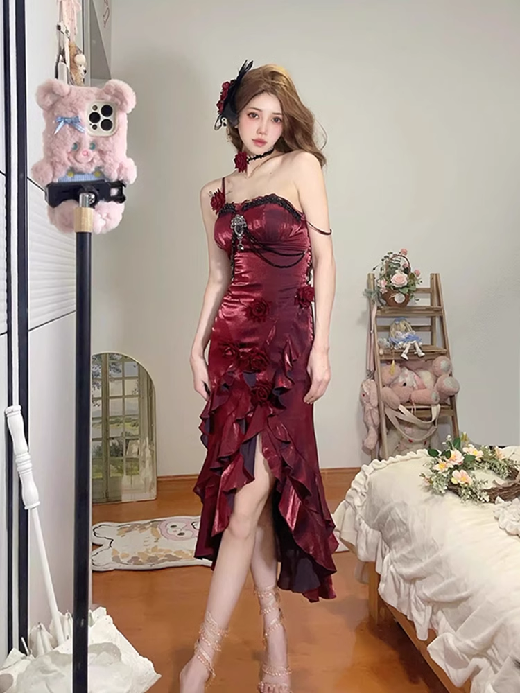 Vintage High Low Irregular Ruffled Spaghetti Straps Women's Burgundy Birthday Outfits Party Dresses With Sleeves SD439