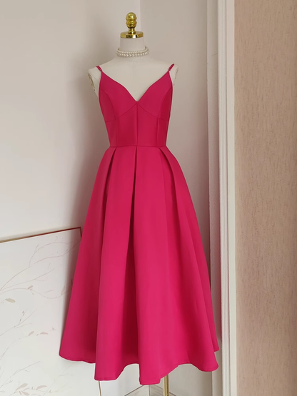 Sexy A line Spaghetti Straps Hot Pink Vacation Dress Satin Women Birthday Dresses SD443