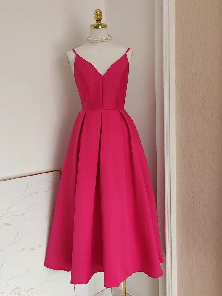 Sexy A line Spaghetti Straps Hot Pink Vacation Dress Satin Women Birthday Dresses SD443