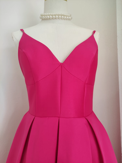 Sexy A line Spaghetti Straps Hot Pink Vacation Dress Satin Women Birthday Dresses SD443