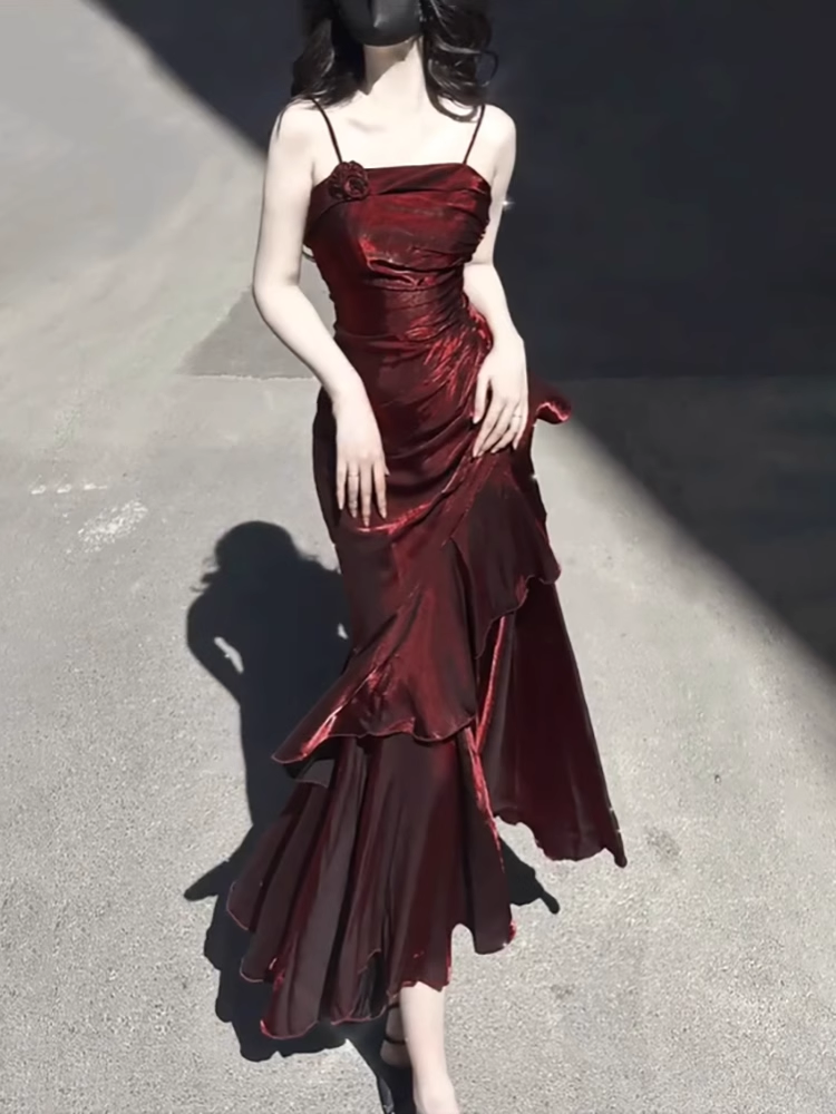 Vintage High Low Spaghetti Straps Burgundy Long Party Dresses Birthday – SweetDress