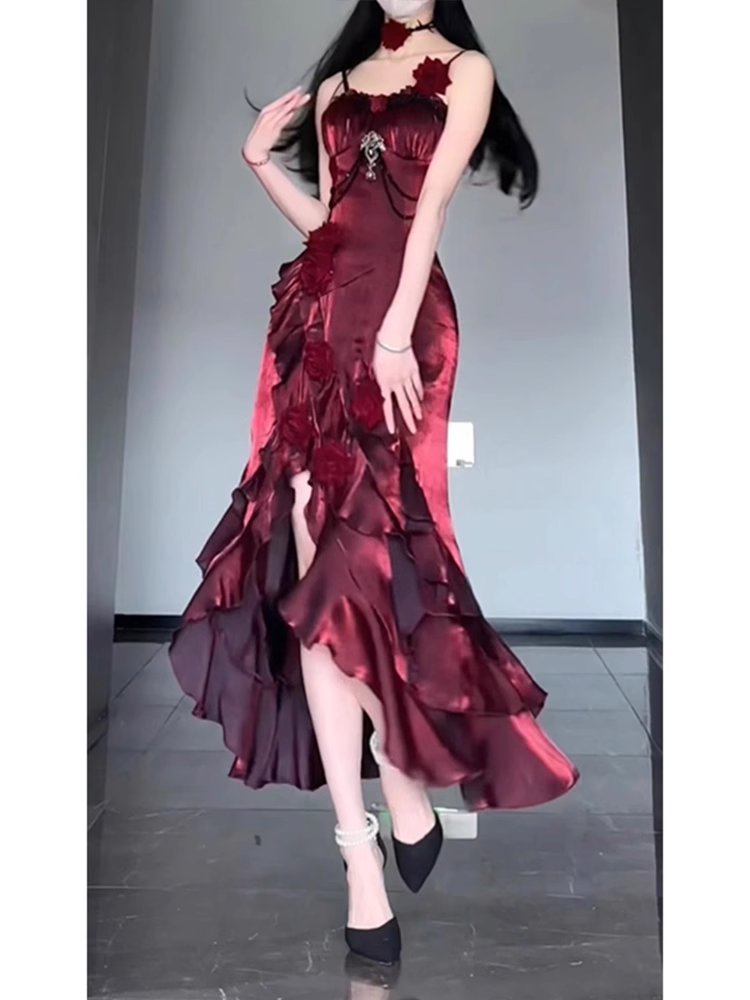 Chic High Low Spaghetti Straps Long Burgundy Birthday Dresses Birthday Outfits SD462