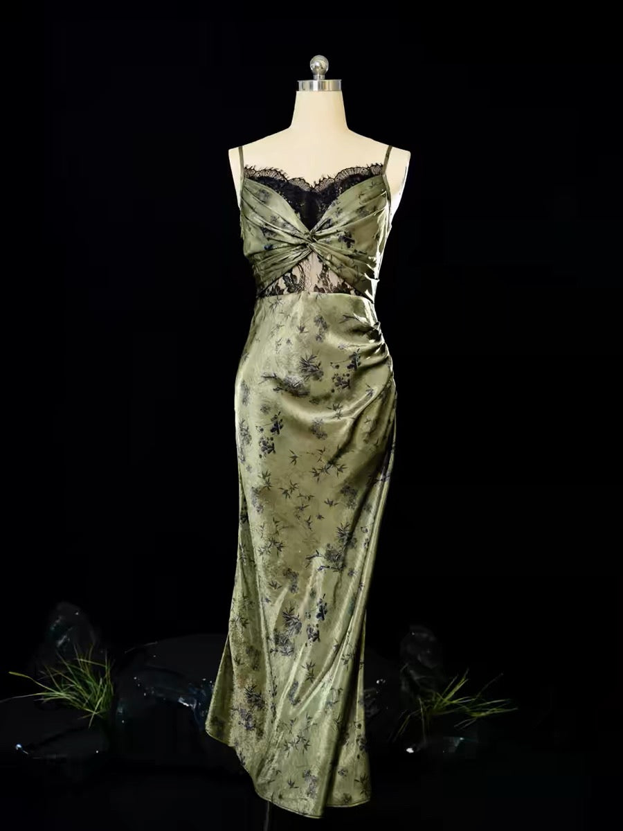 Vintage Sheath Spaghetti Straps Green Lace Ankle Length Prom Dresses Birthday Outfits SD479