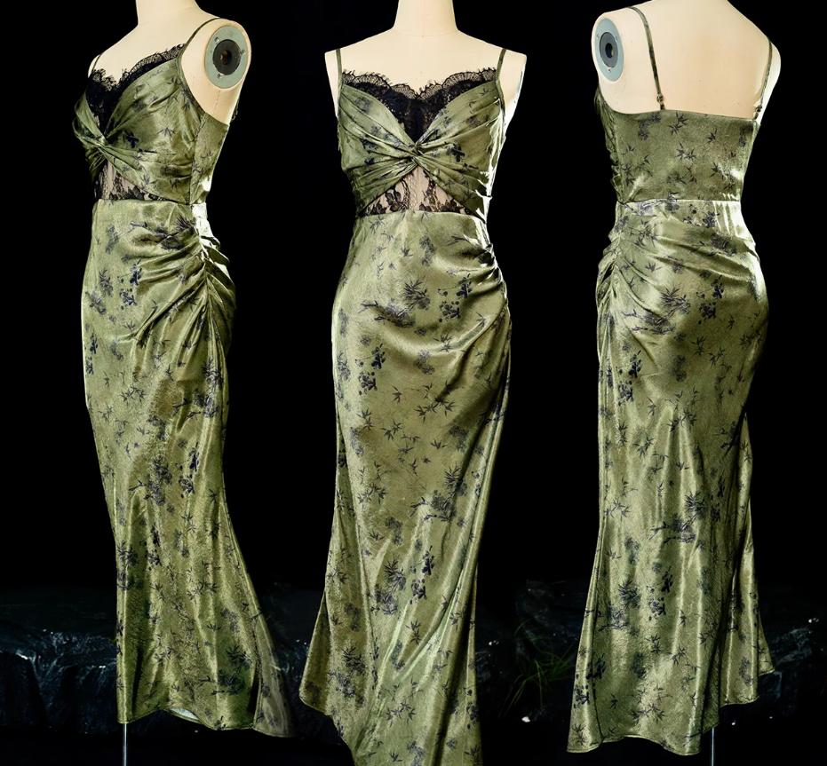 Vintage Sheath Spaghetti Straps Green Lace Ankle Length Prom Dresses Birthday Outfits SD479