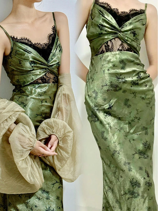 Vintage Sheath Spaghetti Straps Green Lace Ankle Length Prom Dresses Birthday Outfits SD479