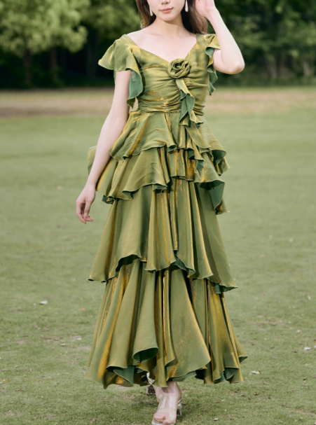 2025 French Retro A line Short Sleeves Green Long Prom Dress Birthday Dresses SD499