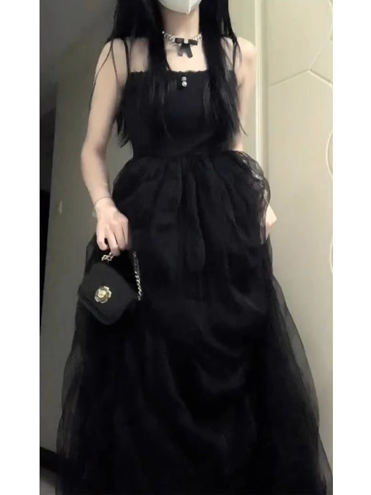 Chic Ball Gown Spaghetti Straps Black Tulle Long Birthday Dresses Birthday Outfits SD506