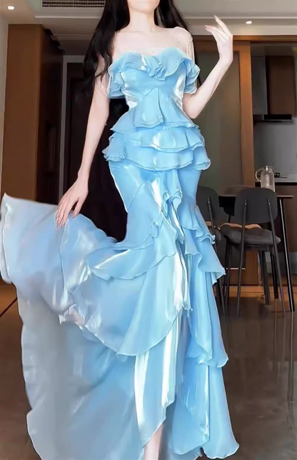 Chic Mermaid Strapless Light Sky Blue Chiffon Ruffles Long Prom Dresses Birthday Outfits SD507