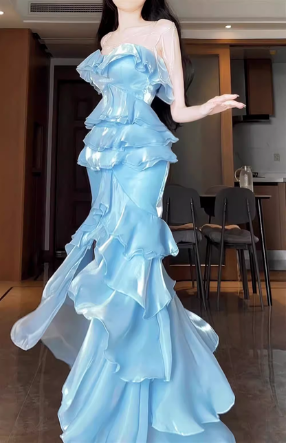 Chic Mermaid Strapless Light Sky Blue Chiffon Ruffles Long Prom Dresses Birthday Outfits SD507