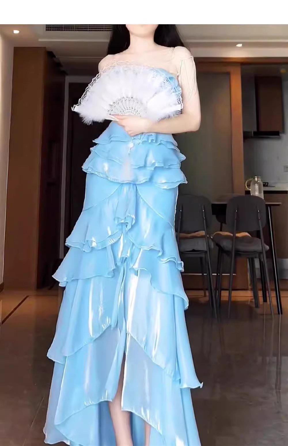 Chic Mermaid Strapless Light Sky Blue Chiffon Ruffles Long Prom Dresses Birthday Outfits SD507